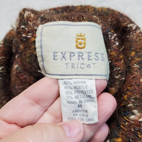 VTG Express Y2K Knit Brown Gold Metallic Chunky Mohair Turtleneck Long Sweater M - Picture 5 of 7